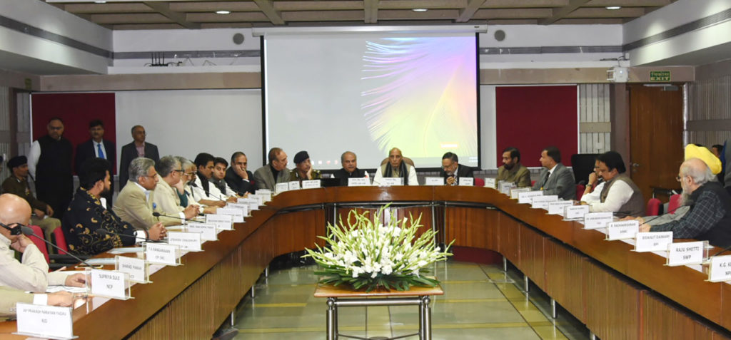 The Union Home Minister, Shri Rajnath Singh chairing a meeting of floor leaders of political parties in both houses of parliament, to hold consultations in the wake of the Pulwama attack, in New Delhi on February 16, 2019.