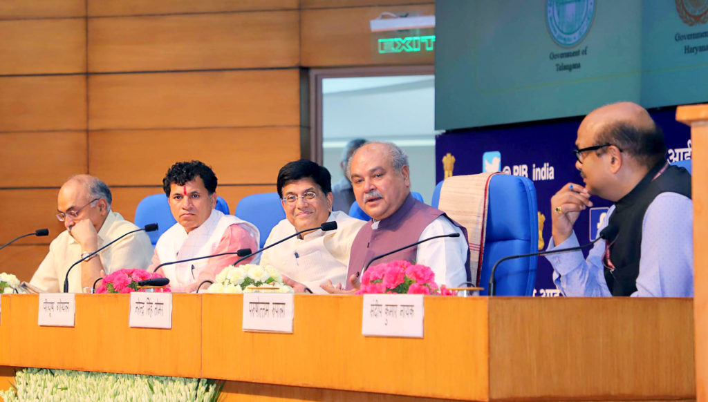 The Union Minister for Railways and Commerce & Industry, Shri Piyush Goyal and the Union Minister for Agriculture & Farmers Welfare, Rural Development and Panchayati Raj, Shri Narendra Singh Tomar holding a Curtain Raiser Press Conference on ‘The First Ever India International Cooperatives Trade Fair’ (IICTF), in New Delhi on July 02, 2019. The Minister of State for Agriculture and Farmers Welfare, Shri Kailash Choudhary and other dignitaries are also seen.