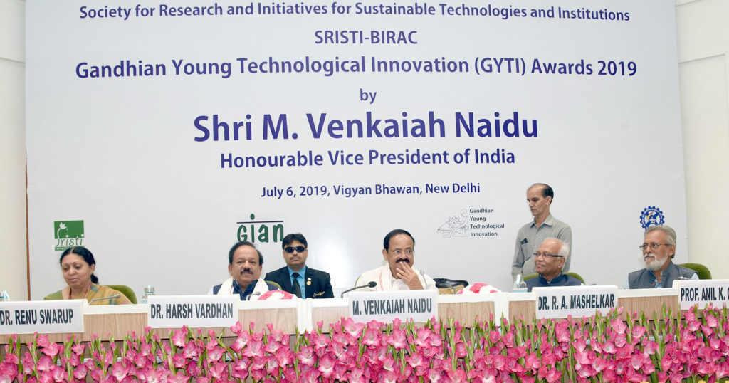 The Vice President, Shri M. Venkaiah Naidu at an event to present the Gandhian Technological Young Innovation Awards 2019, in New Delhi on July 06, 2019. The Union Minister for Health & Family Welfare, Science & Technology and Earth Sciences, Dr. Harsh Vardhan and other dignitaries are also seen.