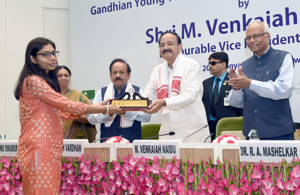 The Vice President, Shri M. Venkaiah Naidu presenting the Gandhian Technological Young Innovation Awards 2019, in New Delhi on July 06, 2019. The Union Minister for Health & Family Welfare, Science & Technology and Earth Sciences, Dr. Harsh Vardhan and other dignitaries are also seen.